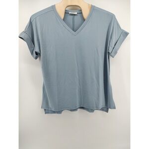 Zenana Womens V-Neck Tunic Top  Cuffed Sleeve Oversized Tee Ashe Blue Size 1X